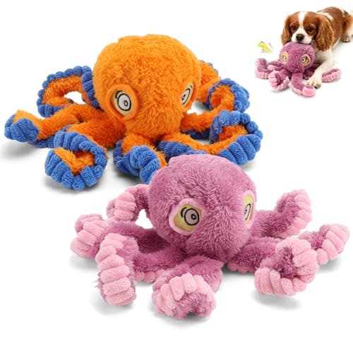PETSWEET 2 Pcs Squeaky Dog Toy for Puppy Teething, Plush Octopus Dog Toy, Puppy Chewing Toy, Soft Stuffed Chew Toys for Small Dogs Training and Keep Them Busy, ORG&PNK