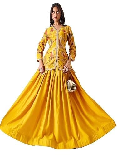 madhuram textiles Women’s Printed Dress with V-Neck and Embroidery | Vatican Print Top and Skirt Style Ethnic Dress (US, Alpha, Medium, Regular, Regular, Yellow)