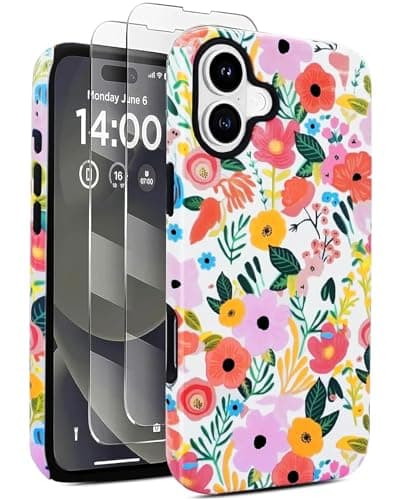 J.west for iPhone 16 Plus Case 6.7" with 2 Pack Tempered Glass Screen Protectors Cute Garden Floral Hybrid Cover for Girls Women Flowers Desin Protective Phone Cases Pink