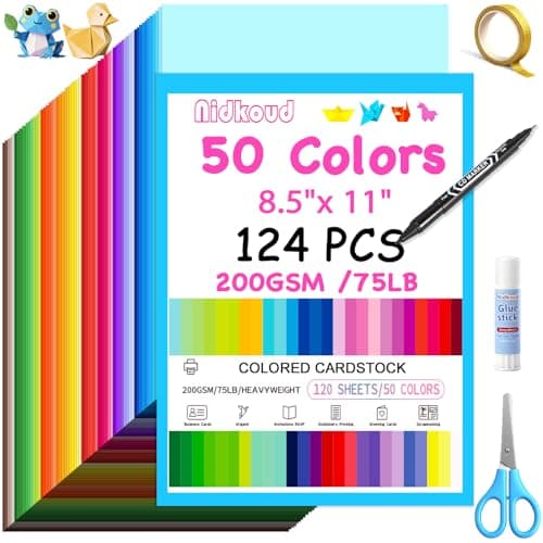 Nidkoud 124PCS Colored Cardstock 8.5" x 11", 50 Assorted Colors Construction Paper Bulk for Scrapbooking, 200GSM/75LB Thick Colorful Card Stock Printer Paper for Card Making, Kids School Supplies