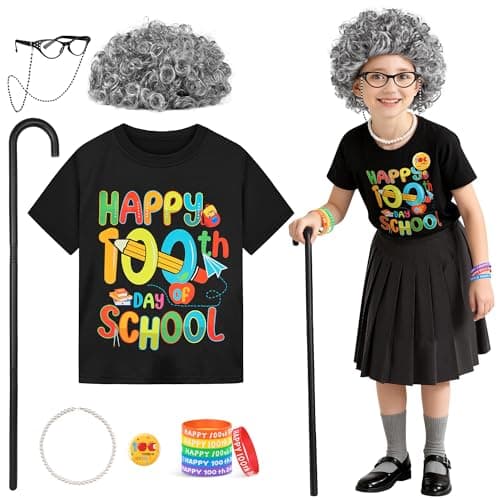 AOTHSO A Old Lady Costume for A 100 Days of School Costume Granny Grandma Outfit T-Shirt Wig Glasses Dress Up Halloween Party D