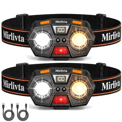 Mirlivta 2-Pack Rechargeable LED Headlamp, 1200LM Super Bright Headlight with Motion Sensor, IPX5 Waterproof USB-C Adjustable Headlamp Flashlight for Camping, Running, Hiking, Fishing, Hard Hat