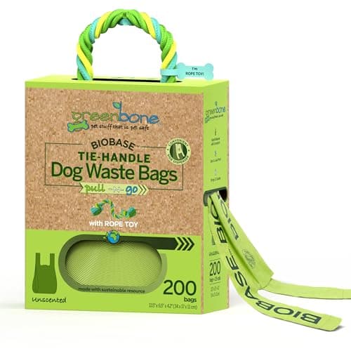 Greenbone Poop Bags for Dogs with Handles Unscented with Bonus Rope Pet Toy, 200 Count on Single Roll, Plant Based