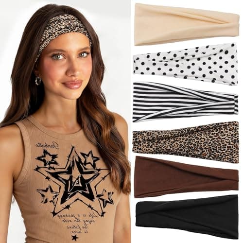 Glaudmeiss 6 Pack Headband for Women - Non Slip Elastic Polka Dot Headband, Soft Fabric Breathable Hair Band for Yoga Workouts, Animal Print Pattern Headbands for Hairstyles & Outfits, Leopard Print