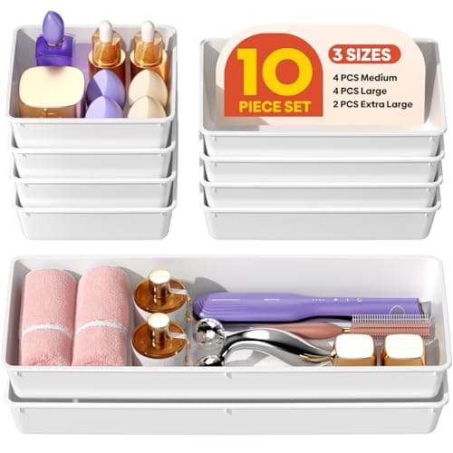 MLIKLU 10 Pack Large Size Plastic Drawer Organizers Set, 3 Sizes Desk Drawer Organizer Trays, Storage Bins for Vanity, Makeup, Bathroom, Kitchen Utensils and Office (White)