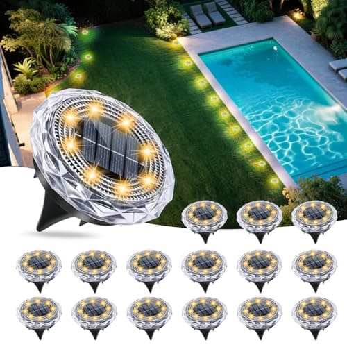 FORTULUX Solar Ground Lights,Solar Disc Light Outdoor Waterproof,Landscape Lighting Garden Lights for Pathway, Yard, Deck, Lawn, Patio, Swimming Pool, Walkway(Warm, 16Pack)
