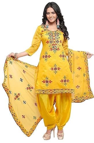 Striwaa Readymade Phulkari Embroidery Work Chanderi Fabric Salwar Suit with Dupatta for Women Ethnic Wear