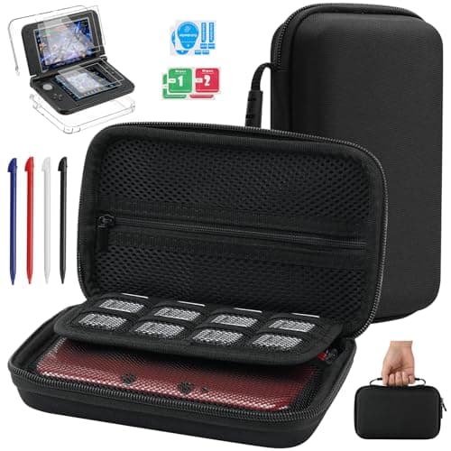 Jekarsy 3DS XL Accessories 4-in-1 Kit – Carrying Case, Clear Shell Case, Tempered Glass & PET Screen Protectors, 4 Replacement Stylus Pens Compatible with Nintendo 3DS XL/LL Only