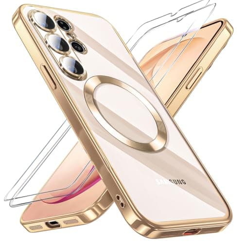 QiiStar for Samsung Galaxy S26 Ultra Case,Clear Magnetic Phone Cases with 2* Screen Protector,[Full Camera Lens Cover] Plating Glossy Silicone Cover | Gold & Black @$2.99