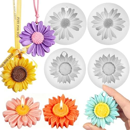 VvLons Daisy Candle Molds, Set of 4 Daisy and Sunflower Shapes Floral Molds, Silicone Flower Mold for Making Candle, Soap and Car Air Scented Plasters and Handmade Gift