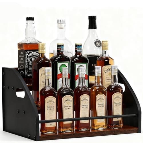 Liquor Bottle Display Shelf, Coffee Syrup Rack Organizer with Metal Hand, 3 Step Countertop Liquor Wine Rack, Mini Bar, Liquor Cabinet, Home Retro Bar Shelf Stand for Liquor Whiskey, Bourbon, Spirits