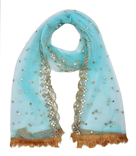 Fashtastic Plastic Mirror Emboridered Net Dupatta for Womens & Girls With Fancy Cut Design with Lace