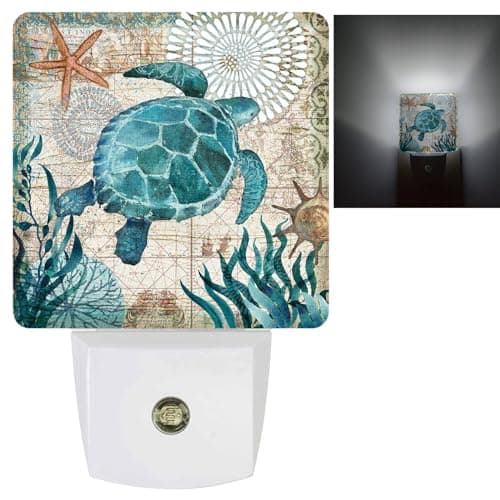Vintage Ocean Turtle Plug-in LED Night Light,Starfish World Map Auto Dusk to Dawn Sensor Nightlights Plug into Wall,White Energy Efficient Night light for Bedroom,Bathroom,Kitchen,Stairs,Hallway