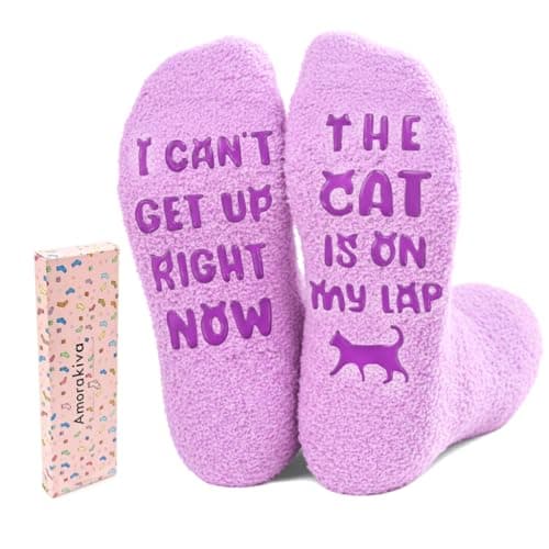 AmoraKiva Mothers Day Gifts for Mom Grandma Wife- Funny Cat Mom Fuzzy Slipper Socks, Teacher Appreciation Gifts for Women, Christmas Purple Gifts for Cat Lovers