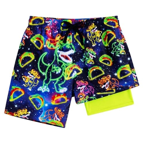 Idgreatim Boys Swim Trunks Kids Neon Dinosaur Taco Swimming Trunk Boy Swimsuit Shorts with Compression Liner Bathing Suit for 5-6 Years