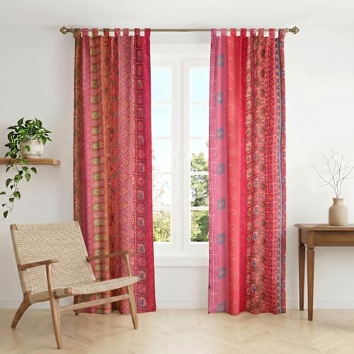 THE ART BOX Pink Silk Sari Curtains – Boho Patchwork Window Panels, Indian Recycled Silk Blend Drapes for Living Room & Bedroom, 2 Panels 84 x 42 Inch