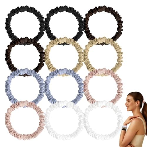12 Pack Silky Soft Skinny Hair Ties, Silk-Like No Damage Scrunchies Elastic Ponytail Bands for Women Girls, Thin Thick Curly Hair