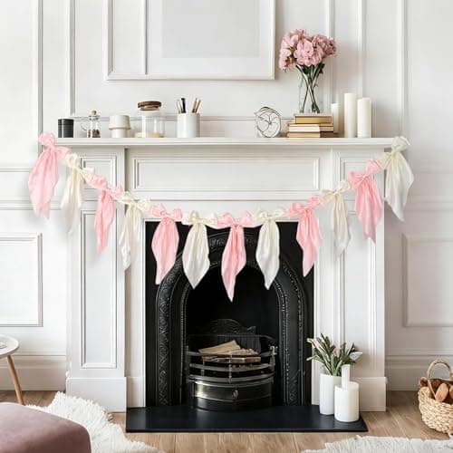 White Pink Bow Garland Banner for Fireplace Mantel Decor Satin Ribbon Bow Knot Hanging Garland Banner for Bachelorette Bridal Shower Birthday Wedding Party Supplies Favors（White Pink）