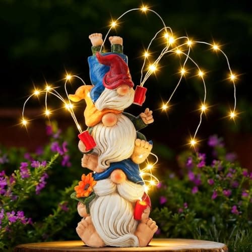 Congliulin Gnomes Decorations for Yard, Triple Stacked with DIY Firework Lights, Solar Garden Gnome Outdoor Decor Statue for Patio Lawn, Mothers Day Birthday Gift for Mom Grandma (11.5in)​