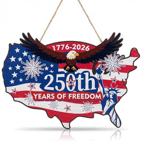 America 250th Anniversary Wood Sign 4th of July Door Wreath Independence Day Wooden Hanging Sign 1776-2026 American Flag Eagle Patriotic Wreath for Front Door Wall Porch Decor 13.8x9.6 Inch