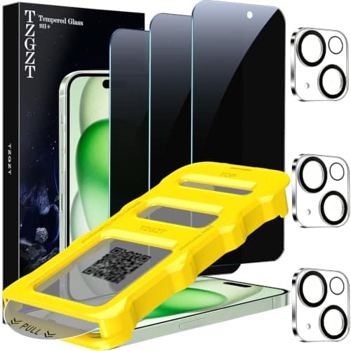 TZGZT 3 Pack Privacy Screen Protector for iPhone 15, 9H Tempered Glass, Military Grade Shatterproof, Dynamic Island Compatible, One-Touch Auto-Install Frame, Case Friendly, Camera Lens Protectors