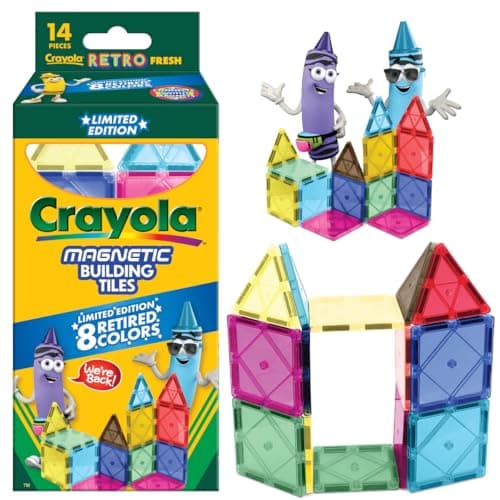 CreateOn Crayola Retro Magnetic Tiles, Building Set for Kids, Magnetic Building Toys for Kids, STEM Travel Toys for Boys and Girls Ages 3+, 14-Piece Set (Retro)