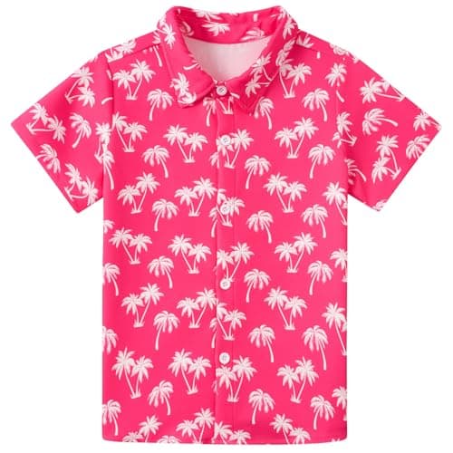 Enlifety Kids Shirt Size 9 10 Boys Hawaiian Palm Tree Button Down Shirts Short Sleeve Pink Luau Tops Blouse for Beach Party Vacation