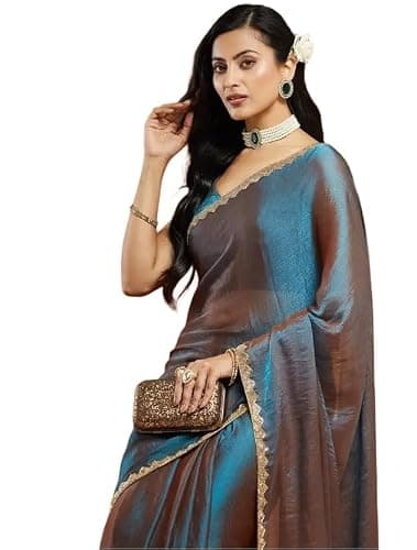 BE4ME.COM Trending Gold Two-Tone Fandy Silk Saree with Designer Border – Viral Insta Tiktok Party Wear Sari (Blue-Gold)