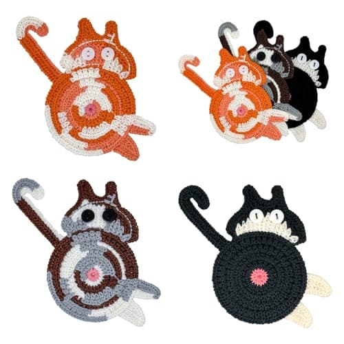 Handmade Crochet Cat Butt Coasters for Drinks - Set of 3 Funny Women Gifts for Cat Lovers, Absorbent Cotton Handwoven Drink Coaster Mats, Quirky Cute Themed Home Decor for Office Housewarming Mom Gift