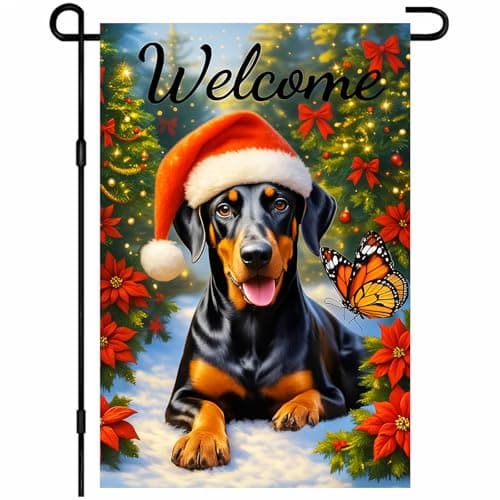 IVN Christmas Dog Santa Garden Flag 12x18 Inch Double Sided Doberman Winter Snow Banner Outdoor Christmas Decoratives Yard Flag for Outside Xmas Home Front Door Lawn Porch Patio Welcome Decor