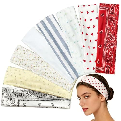 HOLAILS 8Pcs Cute Soft Colth Headbands for Women, Non-Slip Trendy Elastic Hair Bands for Summer Spring, Mixed Print Floral Stripe Heart 6x23cm