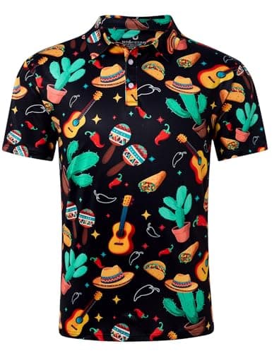 Fanient Men's Mexican Golf Graphic Polo Shirt -Quick Dry Performance Short Sleeve Novelty Western Golf Shirt for Cinco De Mayo, Golf Course, Fiesta Party Size L