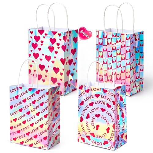 Shintop 24Pcs Iridescent Gift Bags with Handles, Small Holographic Mothers Day Goodie Bags Reusable Paper Party Favor Pouches Bulk for Valentine & Birthday Parties (8.3 x 5.9 x 3.1 in)