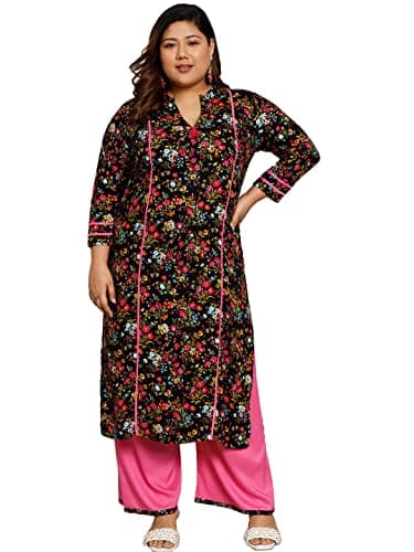Tissu Women's Plus Size Black & Pink Floral Printed Kurta with Palazzo (T-Plus-650_Black_6XL)
