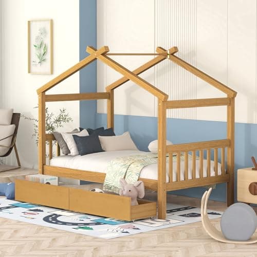 Merax Twin Size Wooden House B... Teens, Boys or Girls, Natural