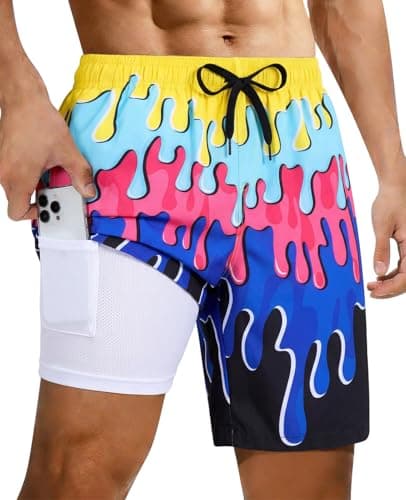 Cozople Mens Ice Cream Print Swim Trunks with Compression Liner 7 inch Quick Dry 4-Way Stretchy Bathing Suit UPF50+ Ombre Black Swimming Shorts for Workout Athletic Running