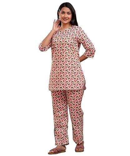 SAYANG Women’s Cotton Printed Nightsuit Set | Soft & Breathable Night Wear | Comfortable Sleepwear Kurta & Pajama Set-XL Pink- Brown