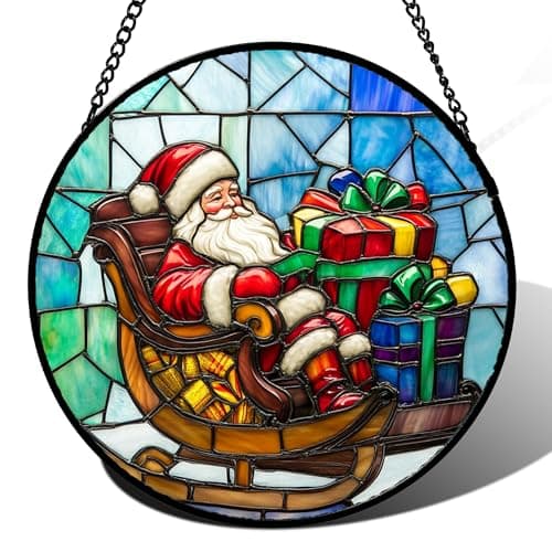 DASTOLL Stained Glass Window Hanging - Santa Claus Gift BoxSuncatcher for Doors Home Christmas Decoration Winter Sun Catcher Thanksgiving New Year Birthday Gift for Women Men Mom Nana 7.8 in