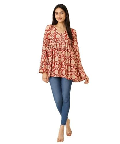 ANUSHIL Women’s Floral Kurti Tunic Top – Casual Long Sleeve Boho Blouse, Flowy Babydoll Style, V-Neck Ethnic Indian Kurta for Jeans & Leggings Maroon Beige