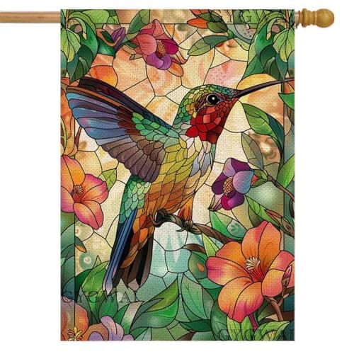 Stained Glass Spring Summer Hummingbird House Flag 28x40 Double Sided Large Burlap Garden Flag Flower Yard Flags for Outside Decorations