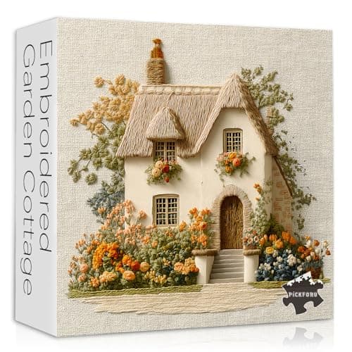 Embroidered Cottage Puzzle for Adults 1000 Pieces, Flower Garden Countryside Puzzle Cottage, Cozy Vintage Cottagecore Floral Art Jigsaw Puzzle, Retro Home Wall Decor