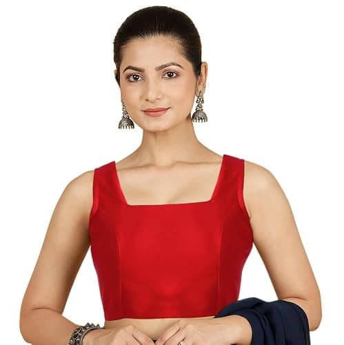 Chandrakala Sleeveless Stretchable Blouses for Women Sarees with Back Side Elastic, Readymade Crop top Choli Red,XX-Large (B221RED6)