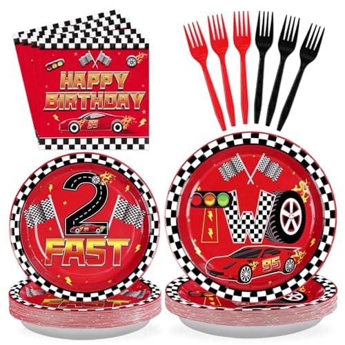 Grencian 96Pcs Race Car Two Fast Decorations 2nd Birthday Party Plates and Napkins Racing Themed Disposable Tableware Set for 2 years old Boys Transportation Birthday Party Serve 24