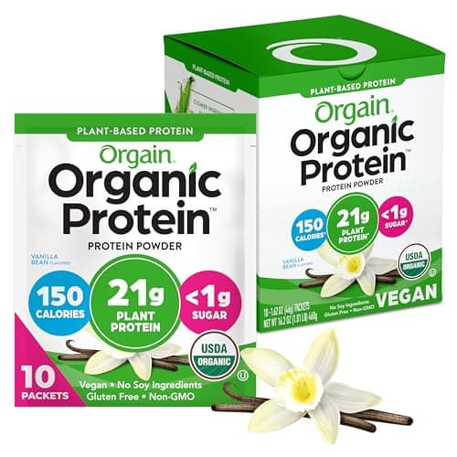 Orgain Organic Vegan Protein Powder, Vanilla Bean - 21g Plant Protein, 5g Prebiotic Fiber, Low Carb, No Lactose Ingredients, No Added Sugar, Non-GMO, 10 Single Serve Individual Packets