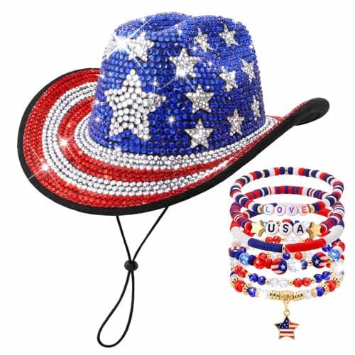 Zhamate American Flag Cowboy Hats and 7Pcs Colorful Bead Bracelets