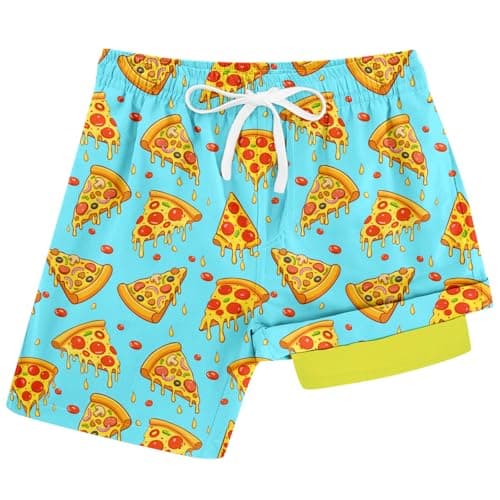 Cozople Boys Swim Trunks Light Blue Swim Short with Boxer Brief Liner Swimsuit Pizza Compression Swimwear UPF Bathing Suit for Outdoor Size 10-12