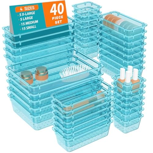 WOWBOX 40 PCS Plastic Drawer Organizer Set, 4 Sizes Desk Drawer Organization and Storage Containers for Makeup, Cosmetics, Jewelry and Gadgets in Kitchen, Bathroom, Bedroom, Office, Clear Sea Blue