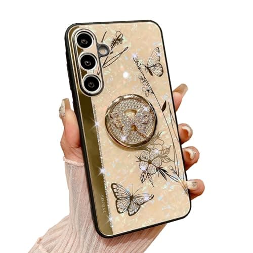 LXXZBC for Samsung Galaxy S23 FE Bling Case Luxury for Women Girls Teens Design Cute Glitter Diamond Rhinestone 3D Butterfly Marble Mirror Fancy Holder Kickstand Phone Cover,Pink