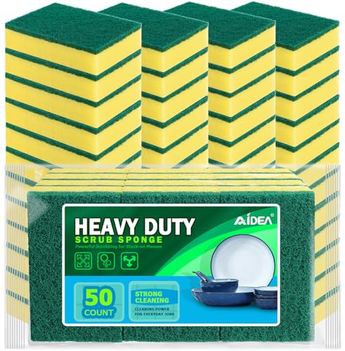 AIDEA Sponges Kitchen, 50 Pack Heavy Duty Dish Sponge, Cleaning Dish Scrubber Sponge for Home and Kitchen, Stink-Free Cleaning Supplies for Pots, Pans