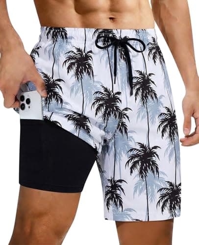 Cozople Mens Swim Trunks with Compression Liner Palm Tree 7 inch Swimming Shorts Summer Quick Dry No-Chafing Bathing Suits Swimsuit for Athletic Running